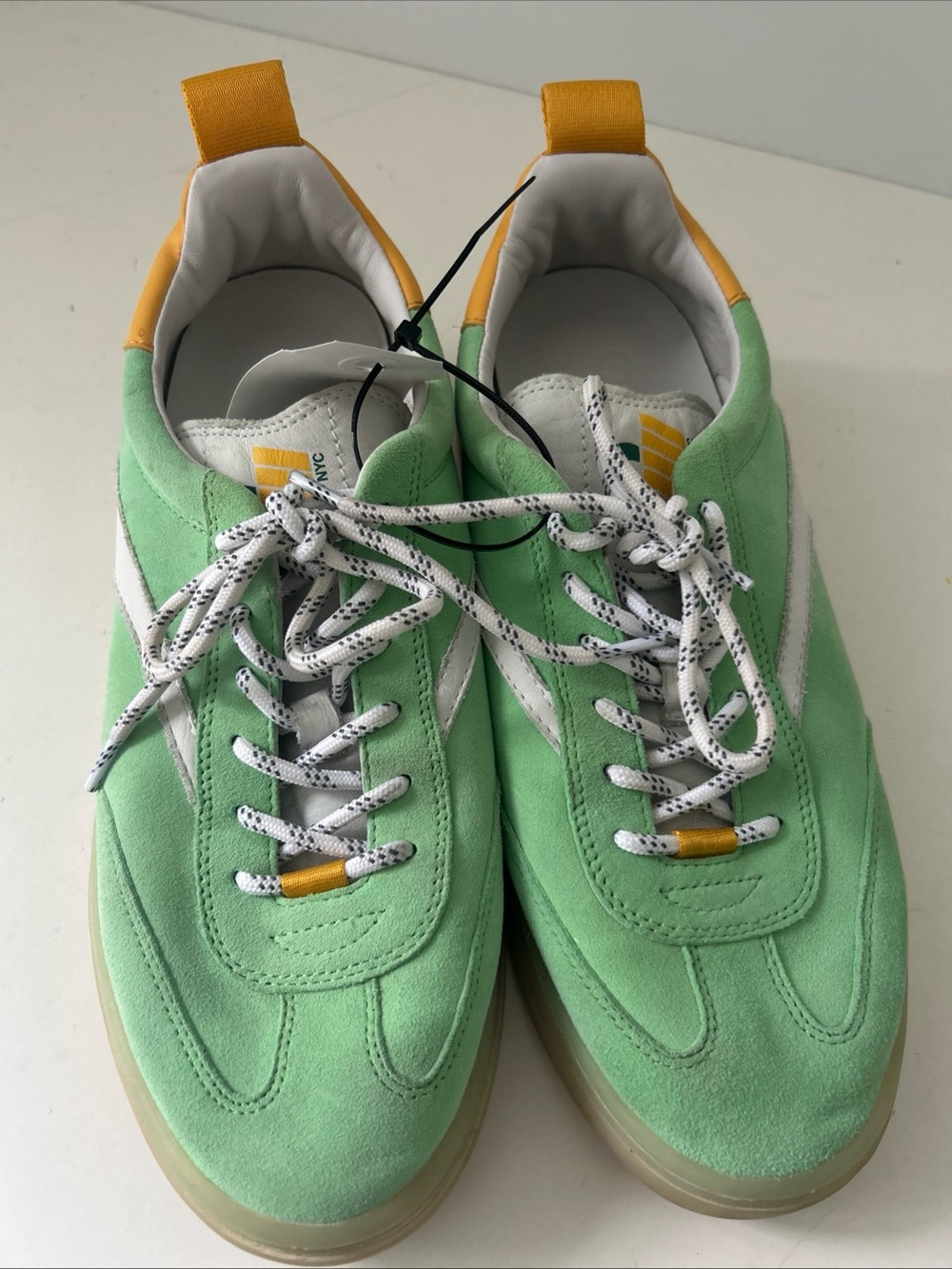 NYC CONCEPTS Suede Green Sneakers with White Stripe & Yellow Accents Size 8
